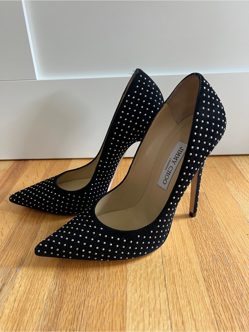 Jimmy Choo Black Suede Gold Studded Stiletto Pumps, 39/8.5 - Picture 6 of 7